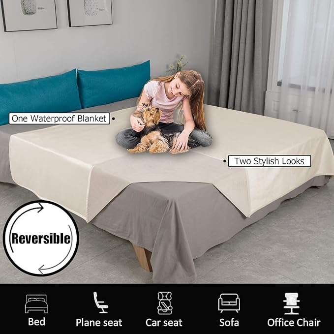 Ameritex Pet Bed Blanket Reversible 100% Waterproof Velvet Super Soft for Sofa and Bed (82x82 Inches, Cream+Beige)