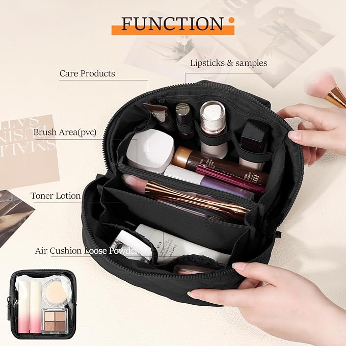 Makeup Bag for Women, Wide Open Lay-Flat Water-Resistant Cosmetic Case, Festivalment Makeup Bag, Spacious 180° Open Cosmetic Organizer for Toiletries & Brushes Large Capacity with Compartments (Black)