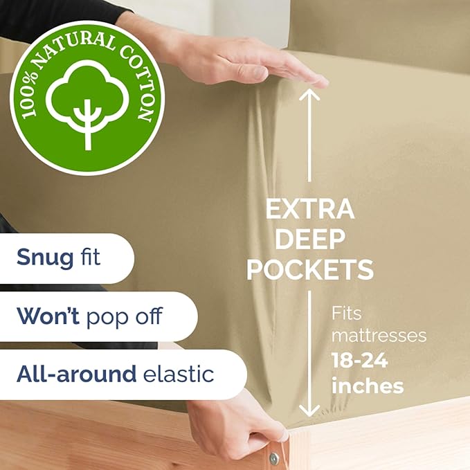 Extra Deep Pockets 400 Thread Count 100% Cotton 4 Piece Queen Size Bedding Sheet Set - Breathable & Cooling - Hotel Luxury Bed Sheets Set - Extra Soft, Wrinkle Free & Comfy Beige Bedding Sheets Set