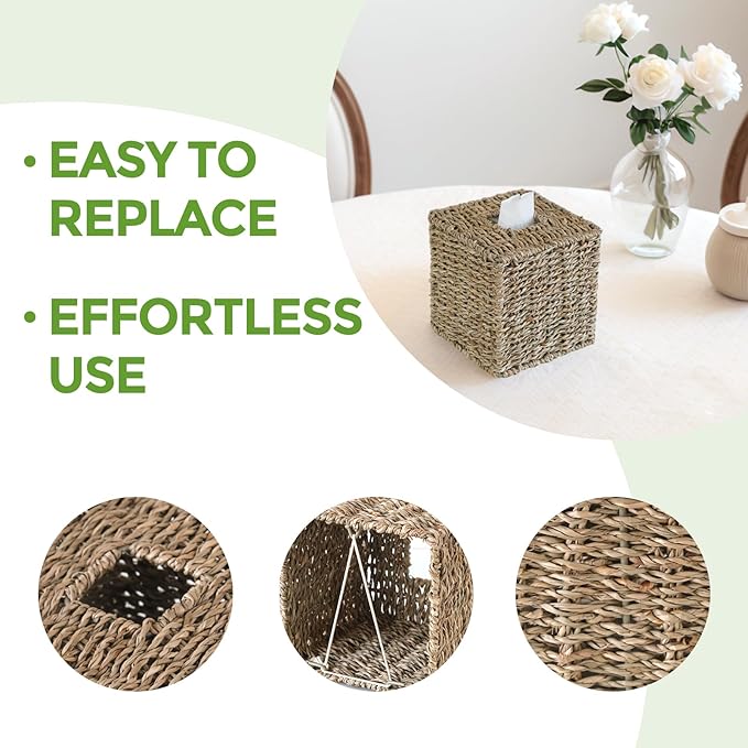 2 Pack Seagrass Tissue Box Cover, Wicker Tissue Box Holder Square, Hand Woven Cube Tissue Box Cover Tissue Holder for Bathroom Living Room Kitchen Office, Natural