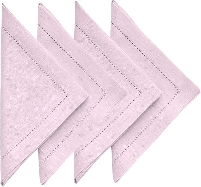 Solino Home Linen Cloth Napkins Set of 4 - Hemstitch 100% Pure Linen Bubblegum Pink Dinner Napkins 20 x 20 Inch for Valentines, Spring, Easter - Milan, Handcrafted and Machine Washable