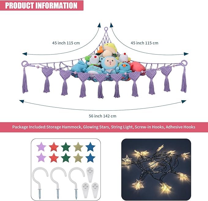 Stuffed Animal Storage Hammock, 56'' Jumbo Hanging Net Organizer for Nursery Teddy Plushie, Boho Macrame Tassels Corner Toy Holder Wall Mount, Purple Plush Toy Net w/LED Light for Boys Girls Gift