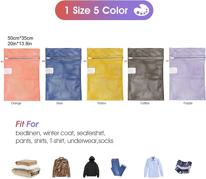 OKAKA 5-Pack Mesh Laundry Bags with ID Label, Sturdy Laundry Bags for Delicates, Hosiery, Underwear,Travel and Organize- 5 Color(14x20 Inch)