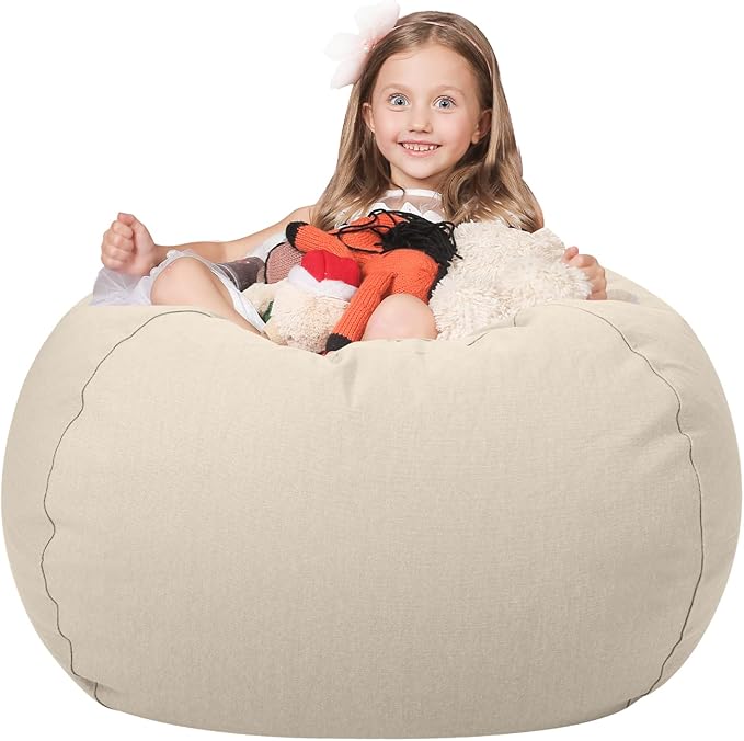 WEKAPO Stuffed Animal Storage Bean Bag Chair Cover for Kids | Stuffable Zipper Beanbag for Organizing Children Plush Toys Large Premium Cotton Canvas (Almond Oil, X-Large)