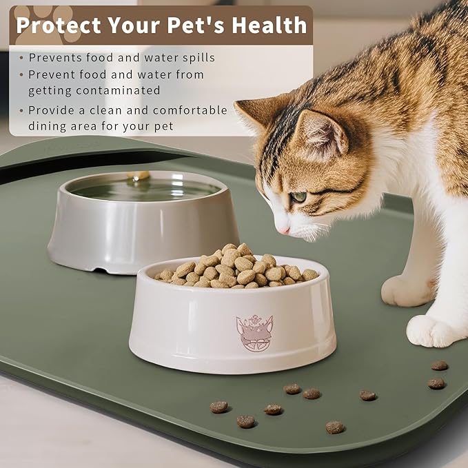 Smilool Silicone Pet Food Mat with Raised Edge for Food and Water Bowl, Dog Feeding Mats, Cat Food Trays for Floor Waterproof, Rubber Tray for Dogs and Cats, 24 x 16 x 0.8 Light Olive Green