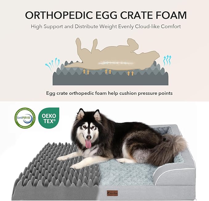 Casa Paw Orthopedic Dog Beds for Extra Large Sized Dogs, Waterproof Memory Foam XL Pet Bed with Sides 48x30Inch, Non-Slip and Egg-Crate Foam Big Dog Couch Bed with Removable Washable Cover, Light Grey