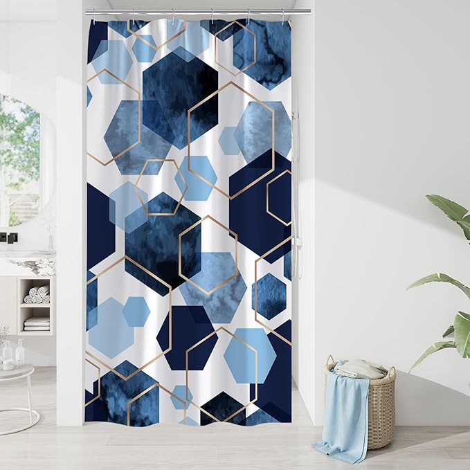 Litabel Modern Small Stall Shower Curtain for Bathroom, Blue Geometric Art Decor Waterproof Bath Curtain, Abstract Fabric Shower Curtain Sets for Home Decor, 36x72 Inch