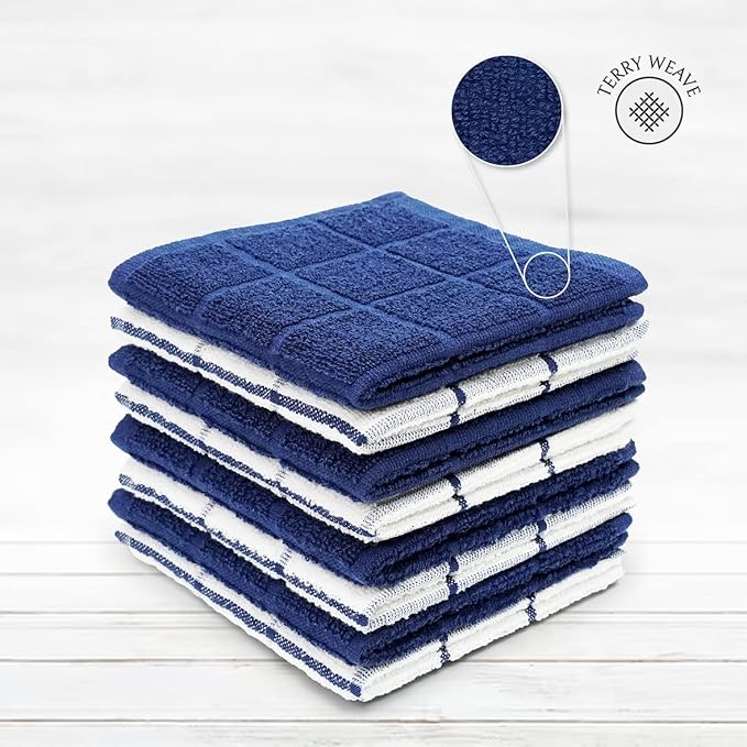Mellow Buff 100% Cotton Terry Dish Cloth & Dish Towel, 6 Pack, Super Soft and Absorbent Kitchen Towels, Perfect for Kitchen Cleaning and Dish Washing (Navy (Solid and Check) 8 Pack)