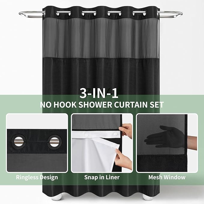 eachope Extra Long No Hook Shower Curtain with Snap-in Fabric Liner Set,Black Waffle Weave Shower Curtains for Bathroom,Hotel Luxury Decor Bathroom Curtain Set,Waterproof & Washable,71Wx86H