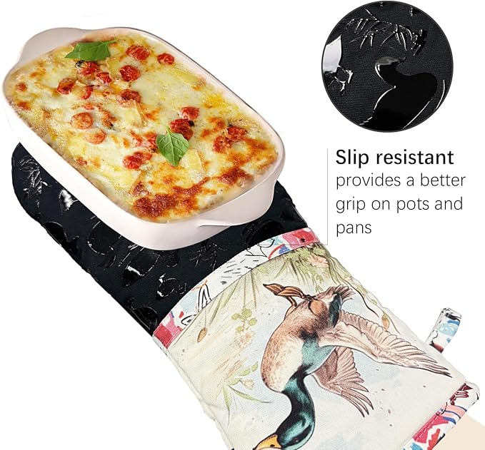 Oven Mitts, Heat Resistant with Soft Quilted Cotton Lining Set of 2, Fashion Duck Design with Silicone Printing Anti-Slip Kitchen Gloves for Safe Backing Cooking Barbecue (Darkgray, Duck)
