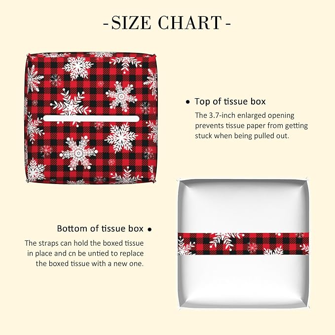 Red and Black Checkered Leather Tissue Box Holder Christmas Snowflakes Tissue Box Cover Square Waterproof Tissue Holder Organizer Modern Napkin Holder for Bedroom Dresser Night Stand Office Desk