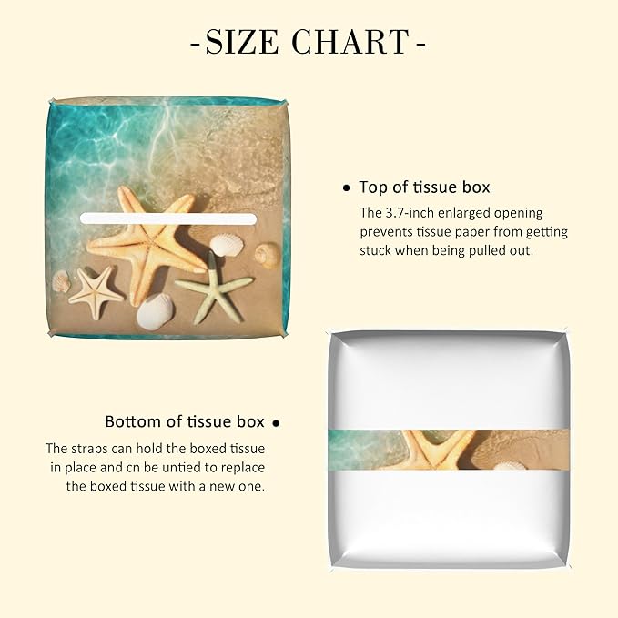 POIUBLE Beach Theme Tissue Box Holder Seashell Starfish Print Tissue Box Cover Square Leather Tissue Holder Organizer Portable Decorative Facial Paper Case for Home Office Bathroom Vanity Countertop