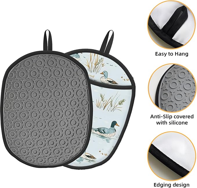 Pot Holders 2 Pack Silicone, Cotton Lining, Heat Resistant to 500°F (260°C), Non-Slip Grip, 7.5"x9.4" Oval Kitchen Hot Pads for Oven, Cooking (Ducks Swimming, Potholders)