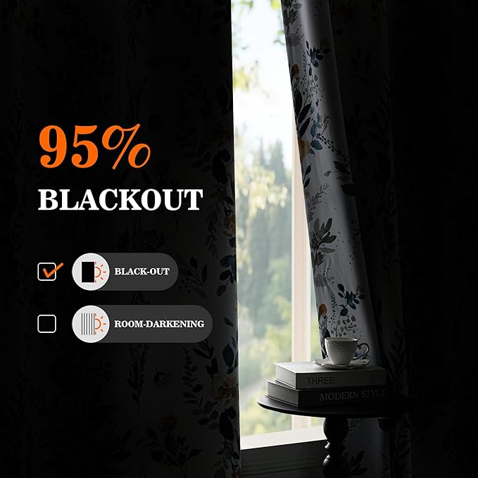 MYSKY HOME 95% Blackout Floral Curtains 72 inch Long for Bedroom Living Room Flower Patterned Room Darkening Thermal Insulated Soundproof Grommet Window Treatments, 2 Pcs, 52" Wide, Yellow and Blue