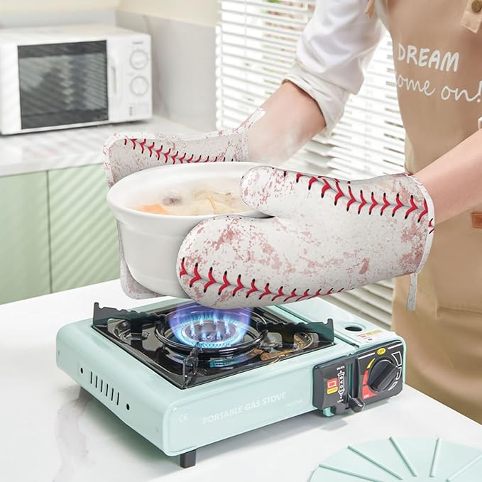 Sport Oven Mitts and Pot Holders Set of 4 Silicone Sports White and Red Baseball Laces Kitchen Mitten Gloves and Non-Slip Potholders Set Heat Resistant Oven Gloves Hot Holders for Kitchen