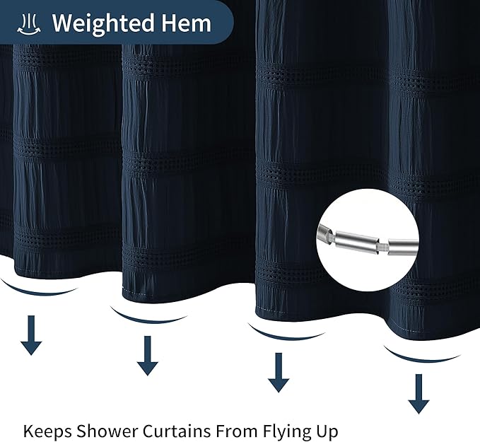 Lameirose Extra Long Navy Blue Shower Curtain Farmhouse,72 x 78 Cotton Blend Waffle Tufted Striped Chic Textured Fabric Shower Curtain for Bathroom, Hotel