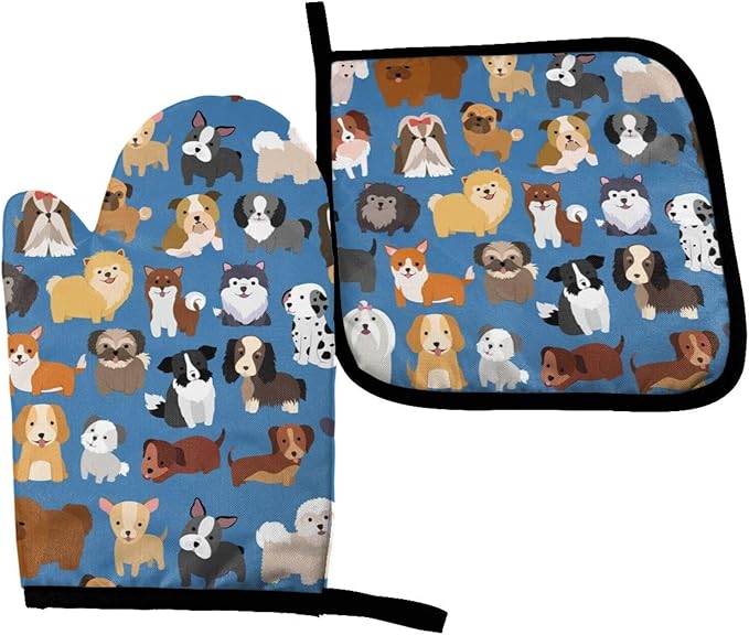Cute Dogs Blue Oven Mitts and Pot Holders Insulated Gloves & Kitchen Counter Safe Mats for Cooking BBQ Baking Grilling (2-Piece Set)