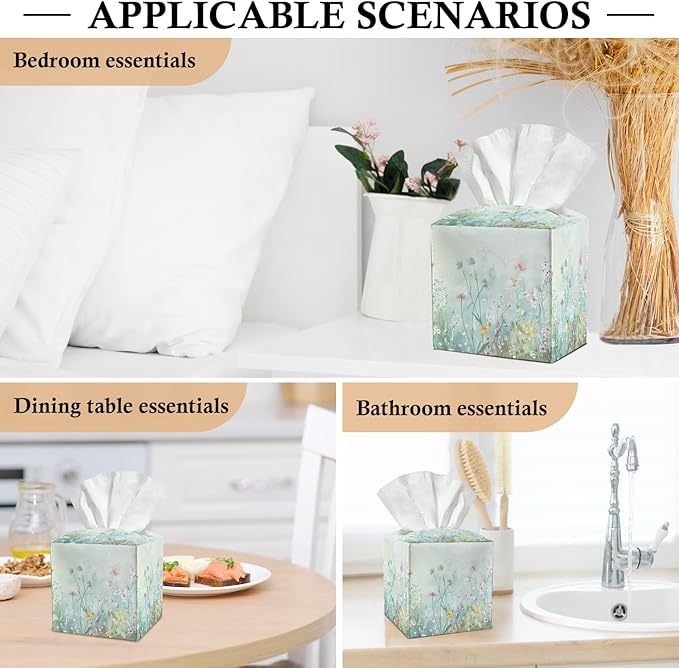 Watercolor Flowers Tissue Box Covers Square, Leather Tissue Box Holders Decorative for Car Nightstand Home Office Bathroom Organizer, Square Facial Paper Organizer Home Decor -010