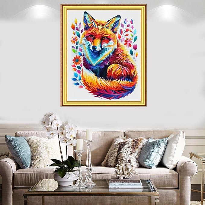 Foxnyart Stamped Cross Stitch Kits Full Range of Embroidery Needlework Starter Kits for Beginners Adults 11CT Embroidery Patterns Art Crafts DIY Needlepoint Kit- Colorful Fox Flower 16x20 inch