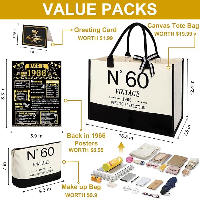 YeohJoy 60th Birthday Gifts for Women Canvas Tote Bag Travel Gear, Unique 60 Years Old Gifts for Wife Mom Sister Aunt Friends Her, Vintage N°60 Handbag & Cosmetic Bag & Back in 1966 Poster