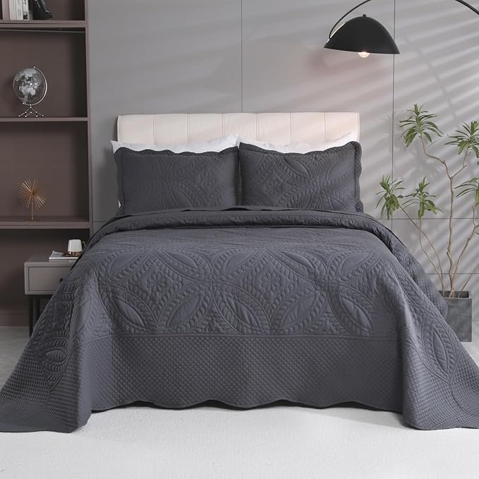 Cmfshape Oversize King Bedspread 120"x120",3 Piece California King Quilt,Lightweight Grey Quilt Set for All Season,Modern Coin Pattern Bedding Set