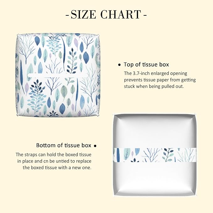 POIUBLE Tissue Box Holder Watercolor Blue Leaves Tissue Box Cover Square Leather Tissue Holder Organizer Portable Decorative Facial Paper Case for Home Office Bathroom Vanity Countertop