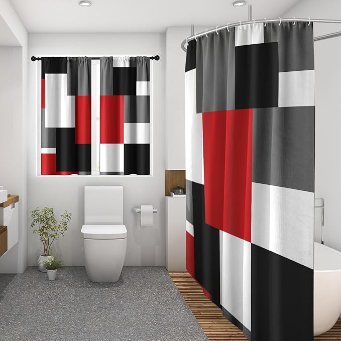 Culudea Geometric Red White Shower Curtain Set, Black and Gray Modern Bathroom Window Waterproof Shower Curtain Set for Bathroom Decor