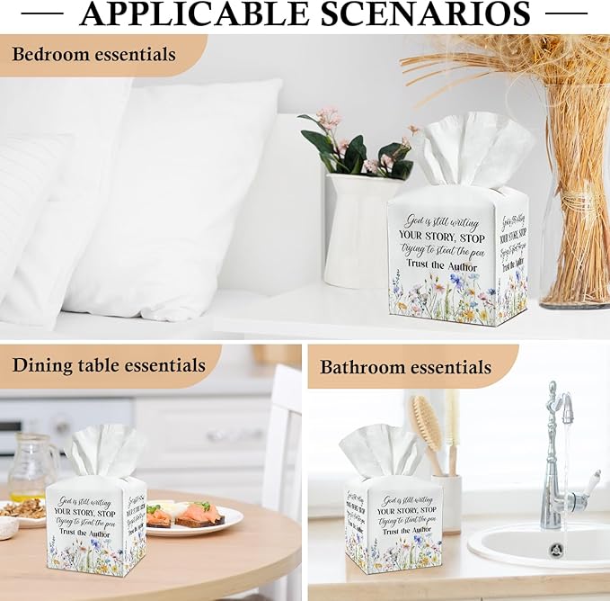 Floral Tissue Box Covers Square - God is Still Writing Your Story, Leather Tissue Box Holders Decorative for Car Nightstand Home Office Organizer, Square Facial Paper Organizer Home Decor -024