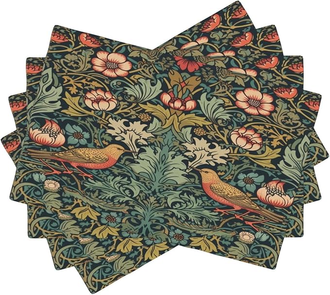 William Morris Placemats, Vintage Rustic Abstract Green Plants Flowers Nature Birds Print Washable Fabric Placemats Table Kitchen Dining Party 12x18 Inch Set of 4