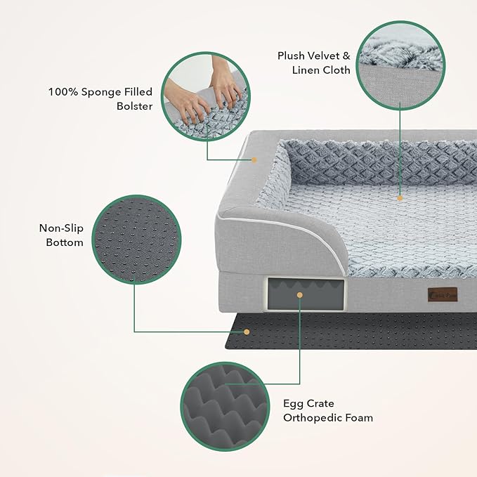 Casa Paw Orthopedic Dog Beds for Extra Large Sized Dogs, Waterproof Memory Foam XL Pet Bed with Sides 48x30Inch, Non-Slip and Egg-Crate Foam Big Dog Couch Bed with Removable Washable Cover, Light Grey