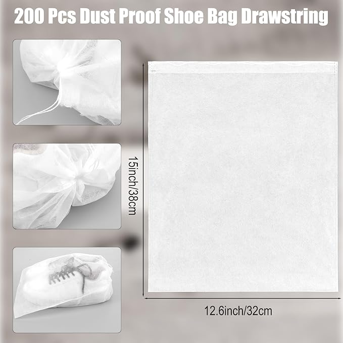 Lemecima 200 Pcs Shoe Bag Drawstring Storage Organizer - Dust Proof Non Woven Fabric Shoe Bags for Travel, Boots & Handbag Protection, 12.6 x 15 Inches White Reusable Dust Bags for Handbags