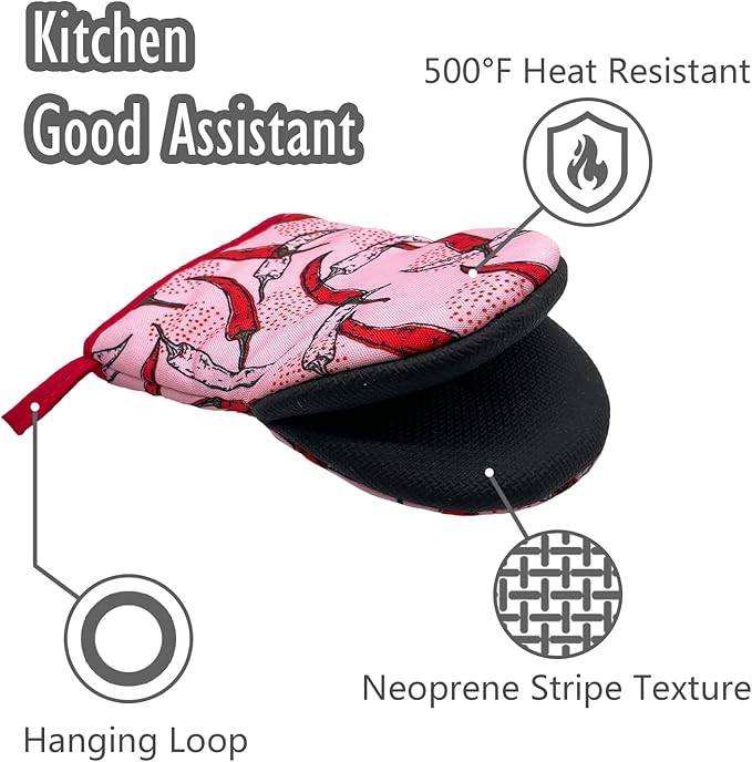 Mexican Hot Peppers Chili Pink Red Mini Silicone Oven Mitts, Heat Slip Resistant Kitchen Gloves 2-Pack Set, Soft Short Small Oven Mittens Pot Holders for Baking Grilling Barbecue Microwave Gift