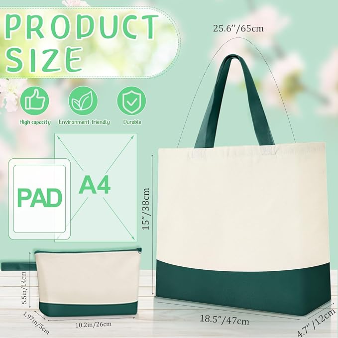 Sanwuta Canvas Tote Bags Bulk with Zipper Cosmetic Pouch 18.5" Reusable Cotton Shopping Bag with Handle for DIY Craft