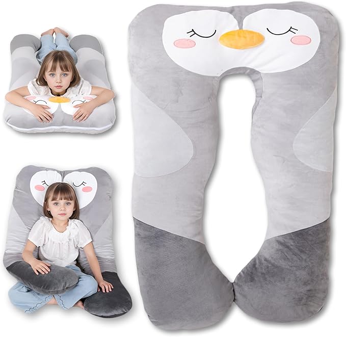 MLdian 47x23 inch U Shaped Long Plush Body Pillows for Kids, Stuffed Animal Penguin Soft Large Pillow for Sleeping, Big Cute Plushies, Washable Cover, Gift for Boys and Girls