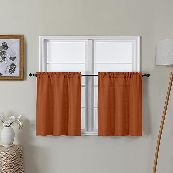 Lecloud Bessie Orange Short Curtains 24 Inch Length 2 Pcs, Faux Linen Kitchen Small Curtains with Rod Pocket, Light Filtering Curtain Tiers Window Treatments for Bedroom Bathroom, Each 30 W x 24 L