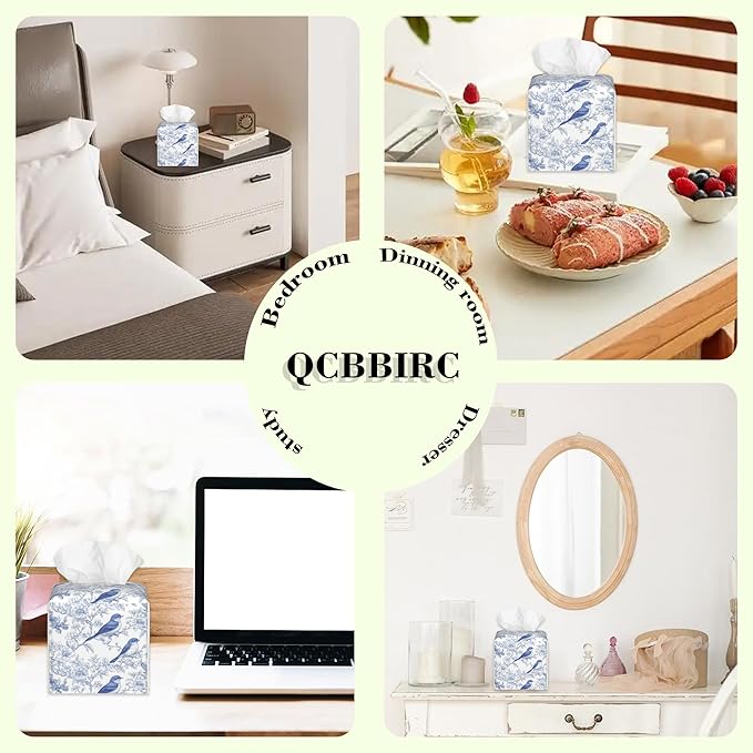 Blue Floral and Bird Tissue Box Cover Square Leather Tissue Holder Waterproof Facial Paper Organizer Dispenser Cube Paper Cover Case for Home Office Bathroom Vanity Countertop