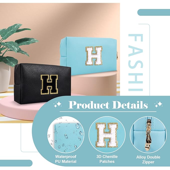 Small Personalized Initial A-Z Preppy Patch Makeup Bag,PU Chenille Letter Travel Cosmetic Pouch with Zipper,Blue Cute Toiletry Bag,Gift Ideal for Teen Girls Women Teacher Bridesmaid,Letter H