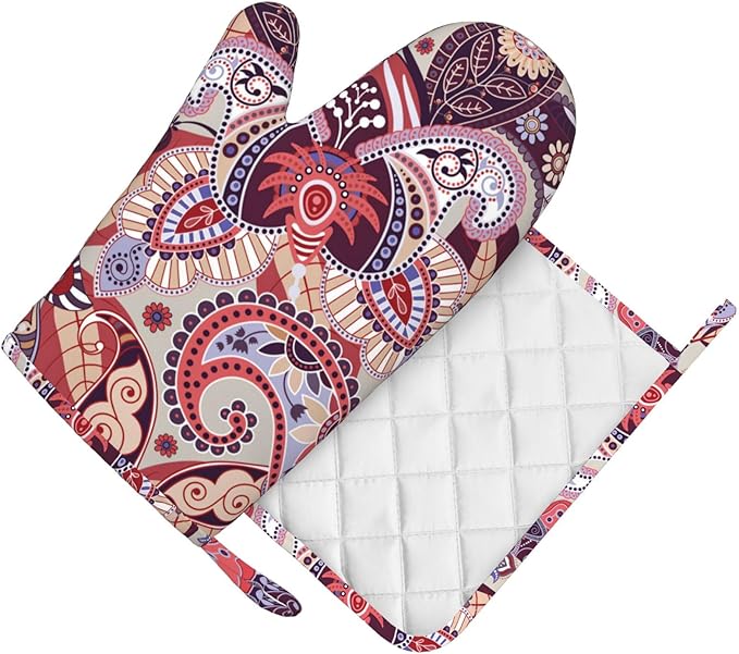 Purple Boho Flower Oven Mitts and Pot Holders Sets, Home Silicone Heat Resistant BBQ Gloves for Kitchen Baking Cooking Grilling Microwave