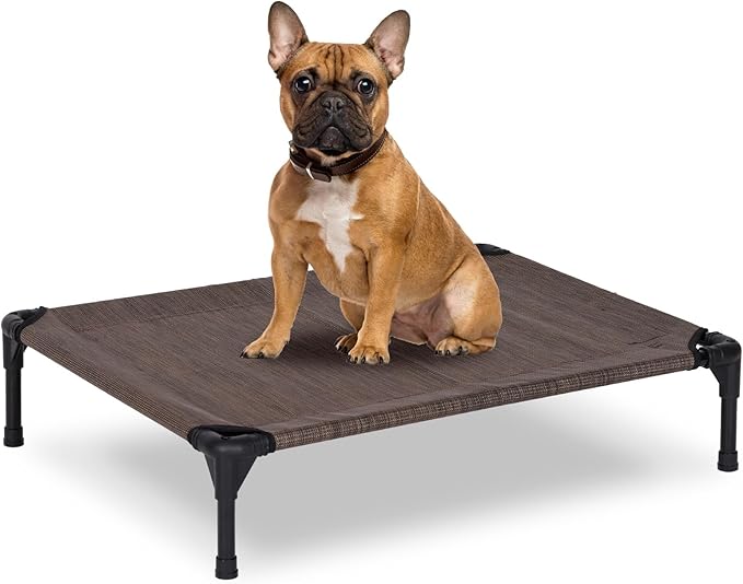 PVY Elevated Dog Bed for Outdoor, Medium Raised Dog Cot with Washable Mesh, Cooling Pet Cot Chew Proof for Outside Camping, 32"x25" Brown