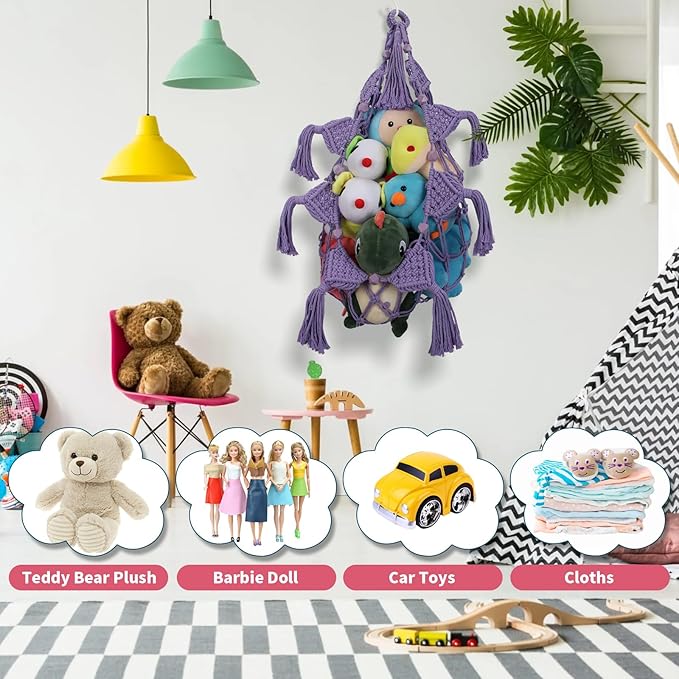 Stuffed Animal Storage Hammock, 56'' Jumbo Hanging Net Organizer for Nursery Teddy Plushie, Boho Macrame Tassels Corner Toy Holder Wall Mount, Purple Plush Toy Net w/LED Light for Boys Girls Gift