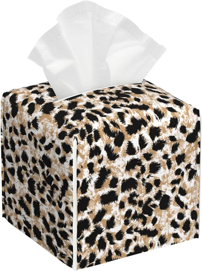 PVC Tissue Box Cover Holder,Leopard Square Decorative Organizer,5.2"X5.2"X5.2" Tissue Case for Bathroom, Tabletop, Car, Office