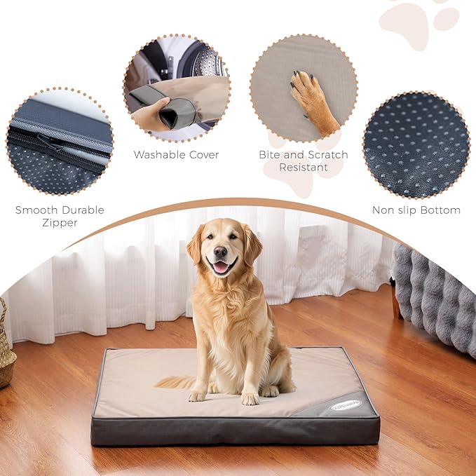 OUPEIWAWA Orthopedic Outdoor Waterproof Dog Beds for Large Dogs, Washable Pet Bed with Egg Crate Foam Pet Bed Mat for Crate and Removable Oxford Fabric Cover,41"x 29",Beige