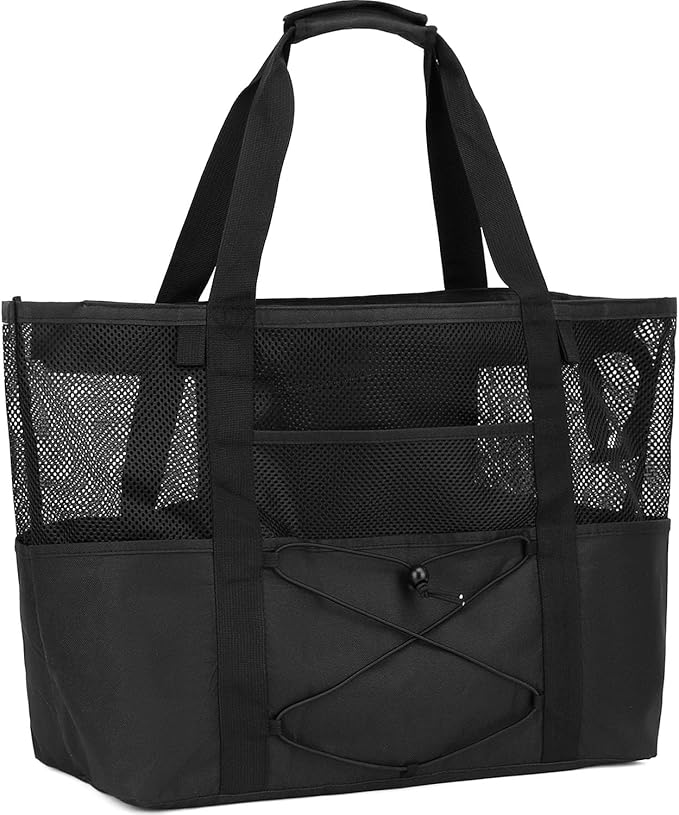 Fammart Mesh Beach Bag, Large Beach Tote with Zipper Pocket for Family Pool Bag for Toys & Vacation Essentials