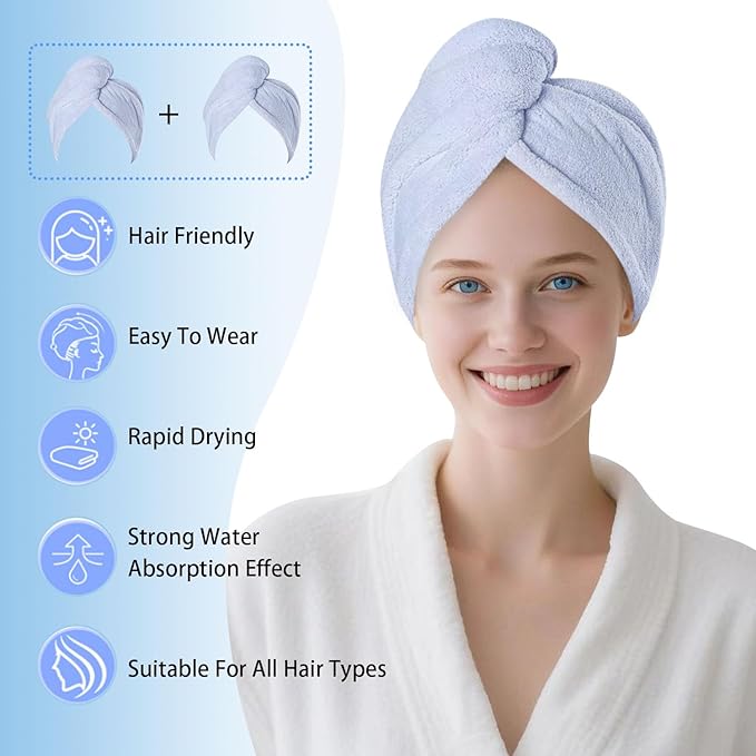 AGKXHDEC 2 Packs Microfiber Towel, Hair Turbans, Drying Hair Wrap for Women (Blue colore-2pcs)