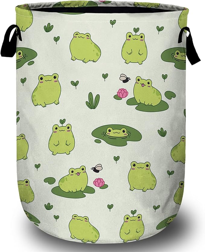 Cute Frog Laundry Basket with Sturdy Handles, Collapsible Oxford Cloth Laundry Hamper Organizer Basket for Bathroom Bedroom 15.7x20 Inch