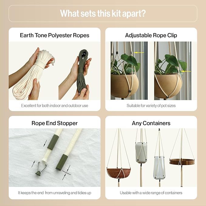 LET BE Macrame Kits for Beginners, 3 Set of Plant Hangers DIY Kit: Braided Polyester Ropes 50yds*5mm Ivory, 20yds*2mm Forest Green, 60+Pcs Supplies with Step-by-Step Easy Instructions (IVGR)