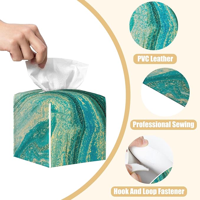 Leather Tissue Box Holder Turquoise and Gold Liquid Marble Tissue Box Cover Facial Paper Case Organizer Cube Napkin Dispenser for Bathroom Vanity Countertop Night Stand Office Car