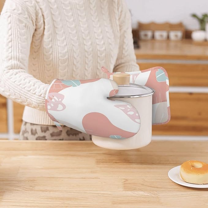 Pink Modern Geometric Leaves Oven Mitts and Pot Holders Sets, Home Silicone Heat Resistant BBQ Gloves for Kitchen Baking Cooking Grilling Microwave