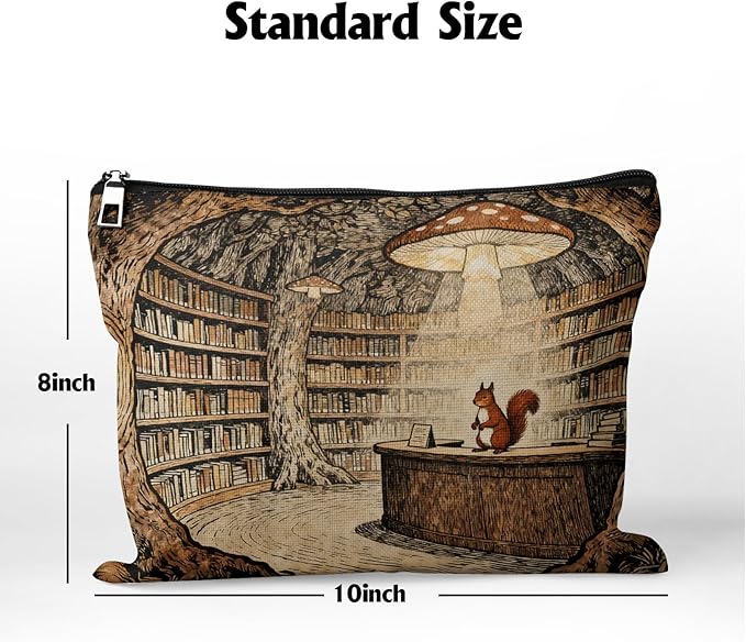 Cafl Forest Library Squirrel Makeup Bag Travel Large Mushroom Lamp Cosmetic Bag Organizer toiletry Essentials Jewelry Zipper Bag Gift For Women -10×8 inch