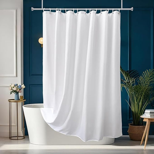 AooHome White Stall Size Bathroom Curtain for Hotel, Fabric Shower Liner with Hooks for Hotel, Water Repellent, 54 Width x 72 Height Inch